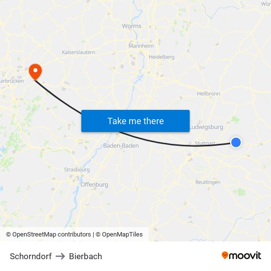 Schorndorf to Bierbach map