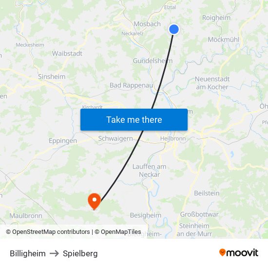 Billigheim to Spielberg map