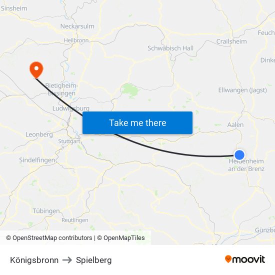 Königsbronn to Spielberg map