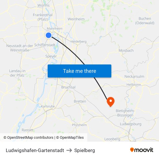 Ludwigshafen-Gartenstadt to Spielberg map