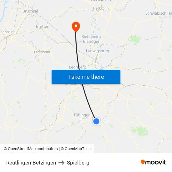 Reutlingen-Betzingen to Spielberg map