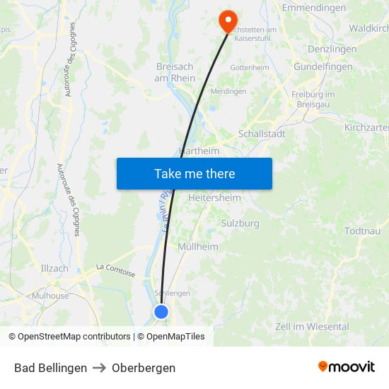 Bad Bellingen to Oberbergen map