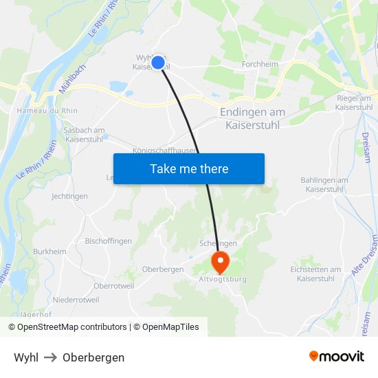 Wyhl to Oberbergen map