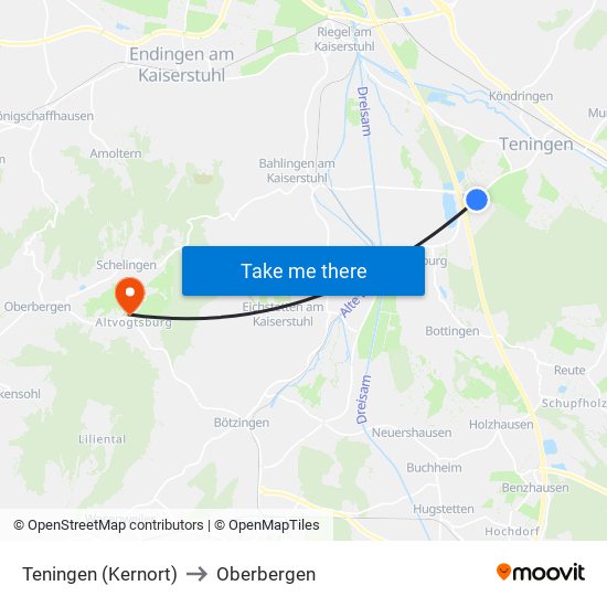 Teningen (Kernort) to Oberbergen map