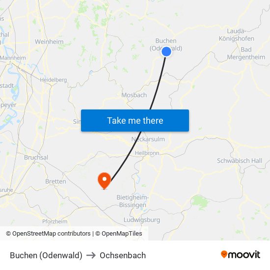 Buchen (Odenwald) to Ochsenbach map