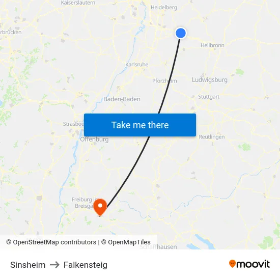 Sinsheim to Falkensteig map