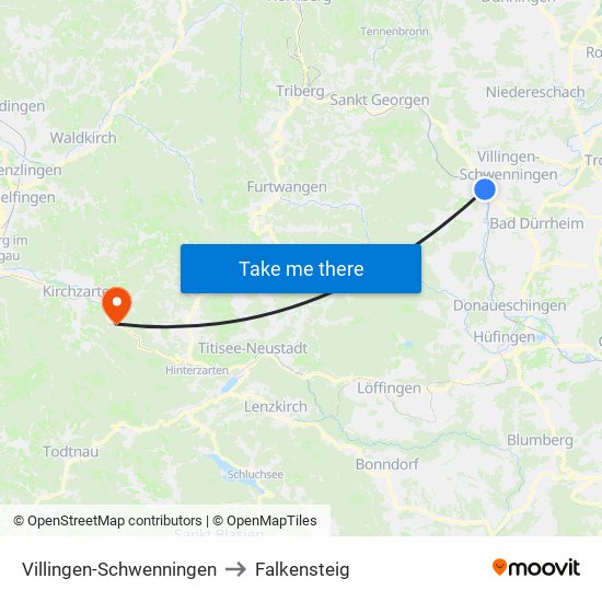 Villingen-Schwenningen to Falkensteig map