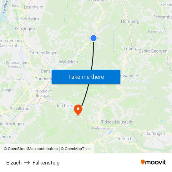 Elzach to Falkensteig map