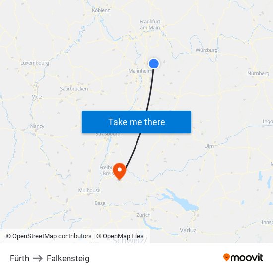 Fürth to Falkensteig map
