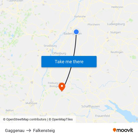 Gaggenau to Falkensteig map