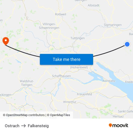 Ostrach to Falkensteig map