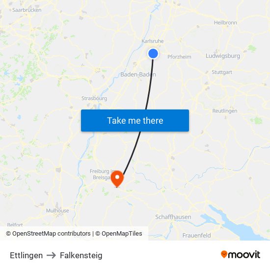 Ettlingen to Falkensteig map