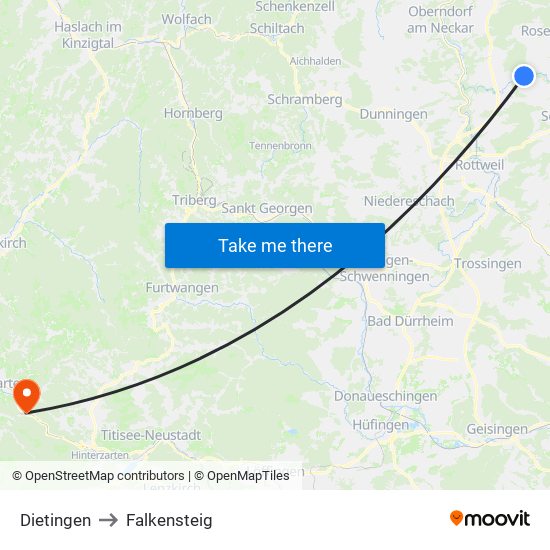 Dietingen to Falkensteig map