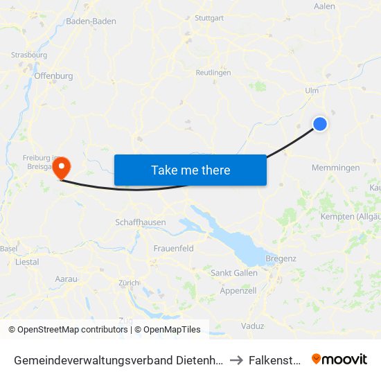 Gemeindeverwaltungsverband Dietenheim to Falkensteig map