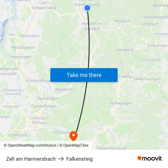 Zell am Harmersbach to Falkensteig map