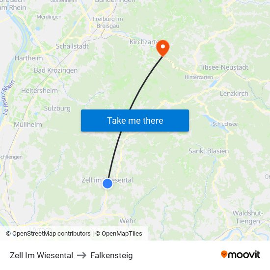 Zell Im Wiesental to Falkensteig map
