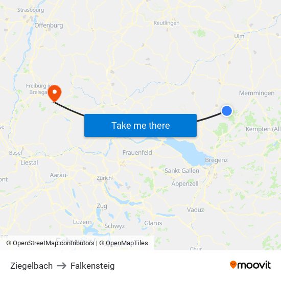 Ziegelbach to Falkensteig map