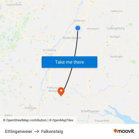 Ettlingenweier to Falkensteig map