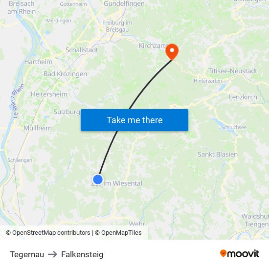Tegernau to Falkensteig map