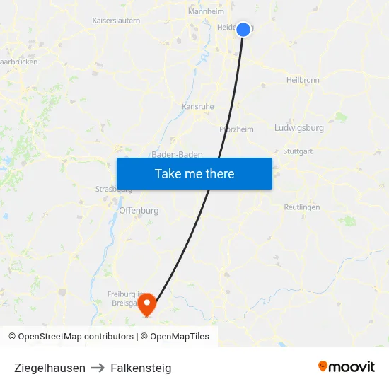 Ziegelhausen to Falkensteig map