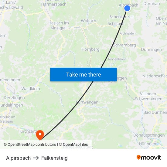Alpirsbach to Falkensteig map