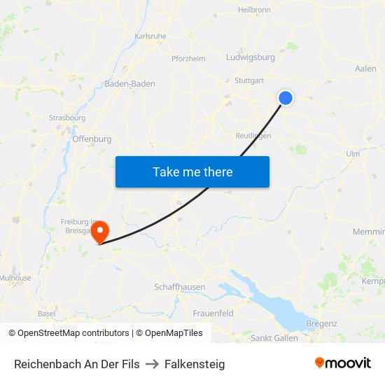 Reichenbach An Der Fils to Falkensteig map