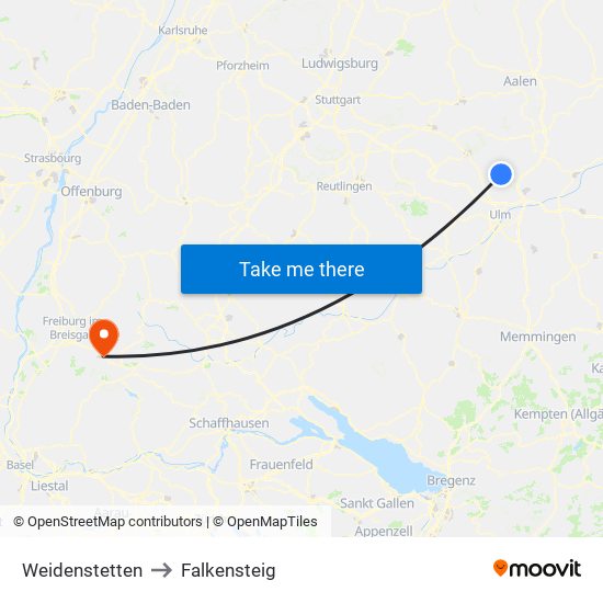 Weidenstetten to Falkensteig map