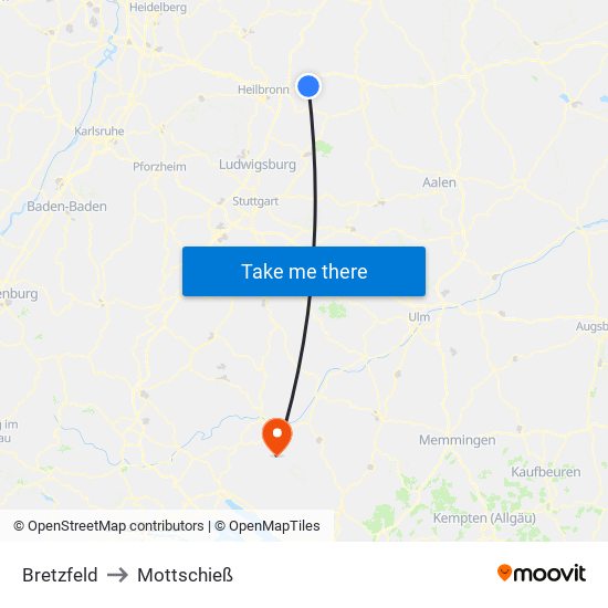 Bretzfeld to Mottschieß map