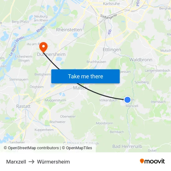 Marxzell to Würmersheim map