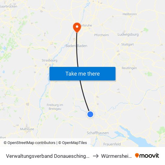 Verwaltungsverband Donaueschingen to Würmersheim map