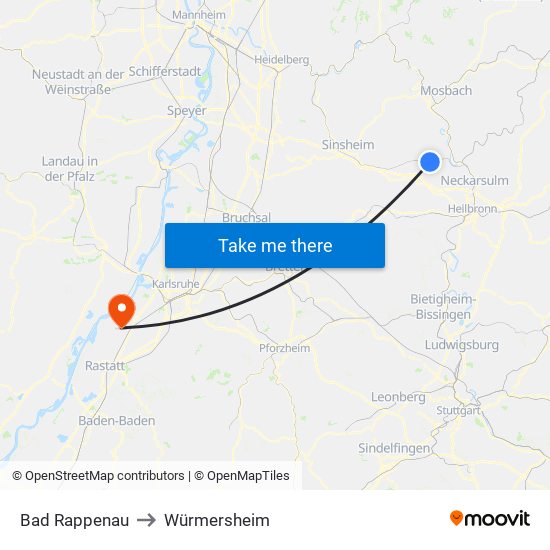 Bad Rappenau to Würmersheim map