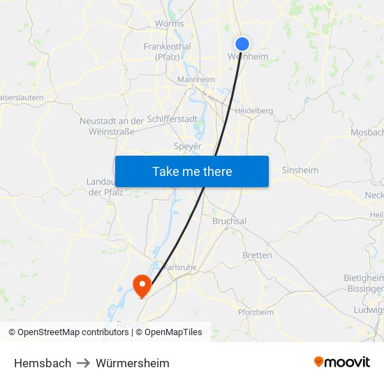 Hemsbach to Würmersheim map