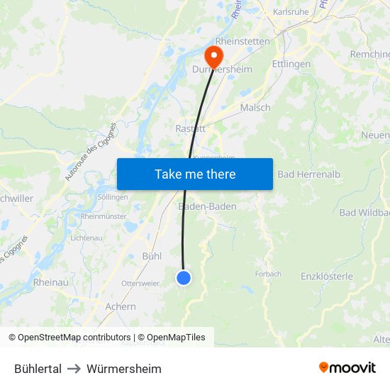 Bühlertal to Würmersheim map