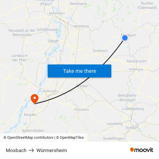 Mosbach to Würmersheim map