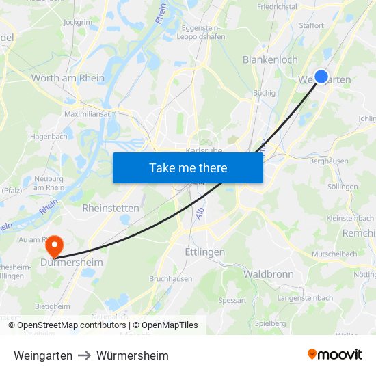 Weingarten to Würmersheim map