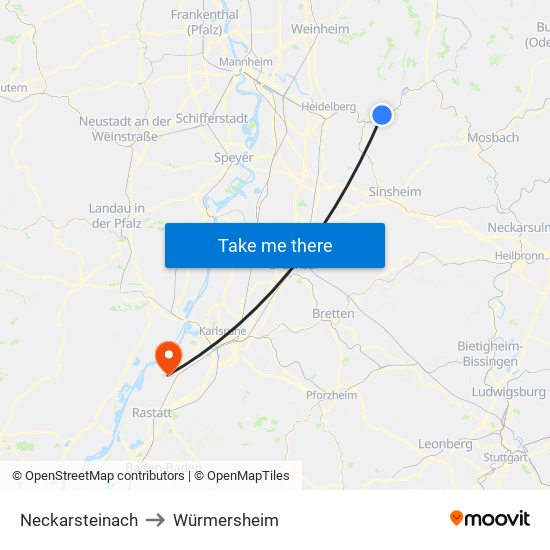 Neckarsteinach to Würmersheim map