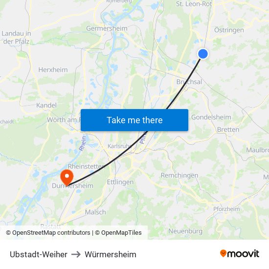 Ubstadt-Weiher to Würmersheim map