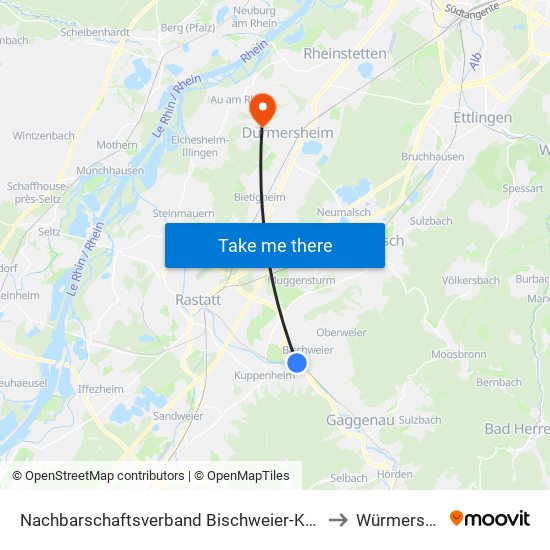 Nachbarschaftsverband Bischweier-Kuppenheim to Würmersheim map