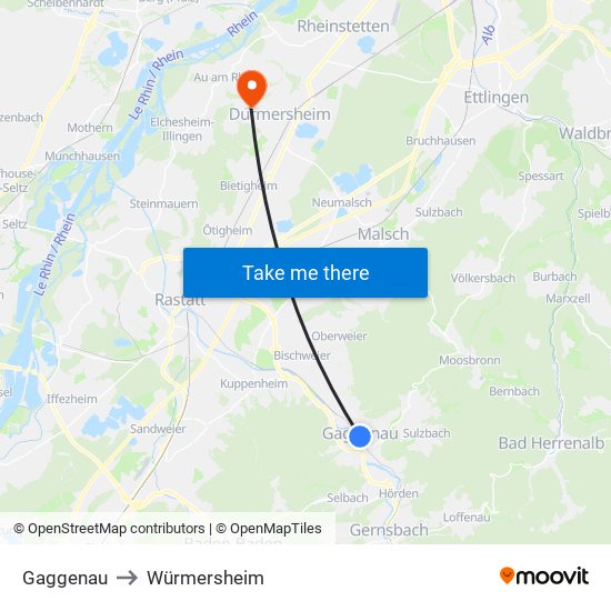 Gaggenau to Würmersheim map