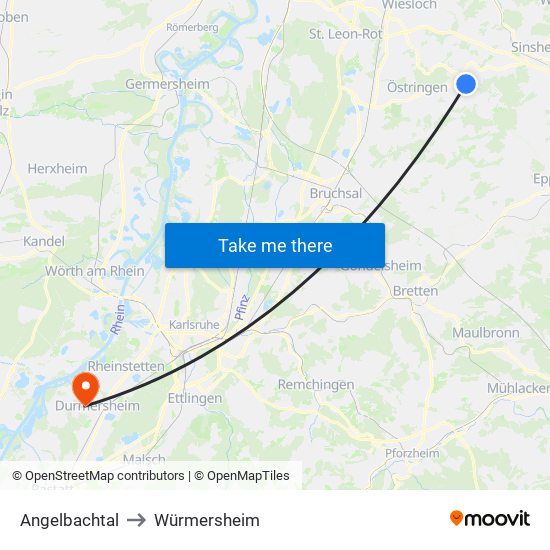 Angelbachtal to Würmersheim map