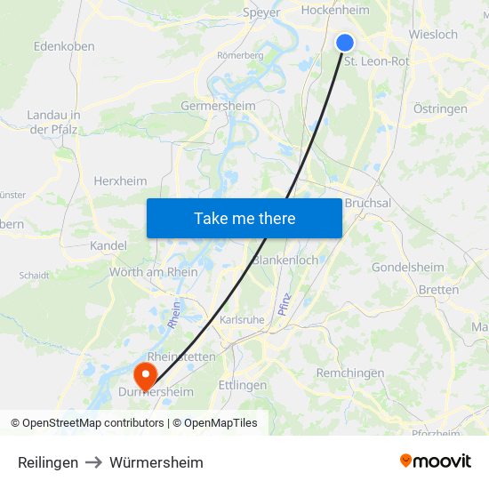 Reilingen to Würmersheim map