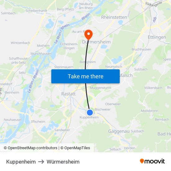 Kuppenheim to Würmersheim map