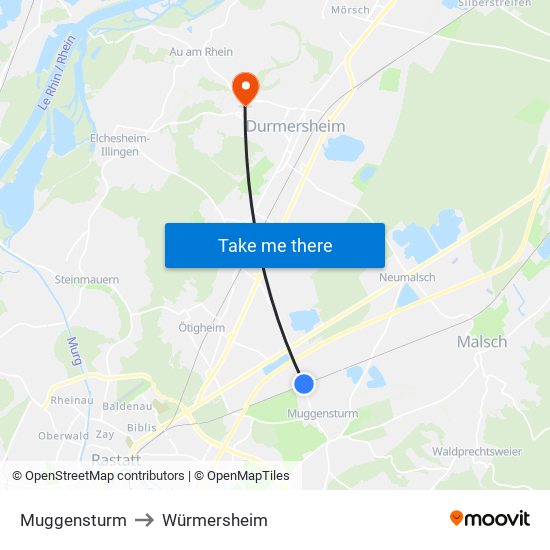 Muggensturm to Würmersheim map