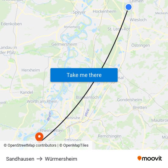 Sandhausen to Würmersheim map