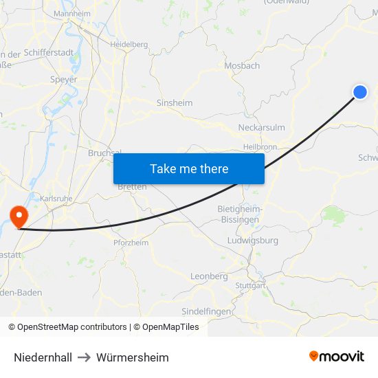 Niedernhall to Würmersheim map