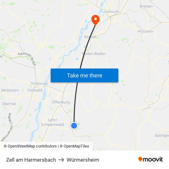 Zell am Harmersbach to Würmersheim map