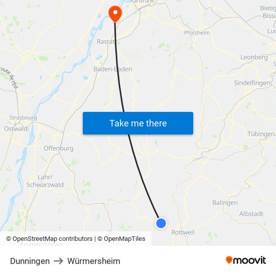 Dunningen to Würmersheim map