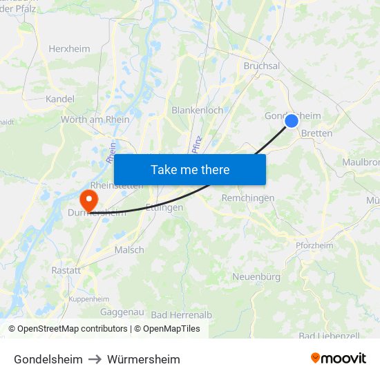 Gondelsheim to Würmersheim map