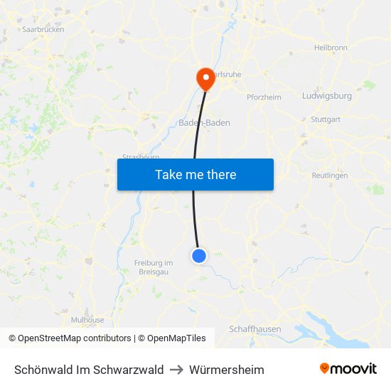 Schönwald Im Schwarzwald to Würmersheim map