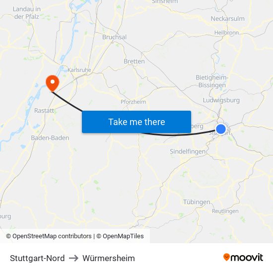 Stuttgart-Nord to Würmersheim map